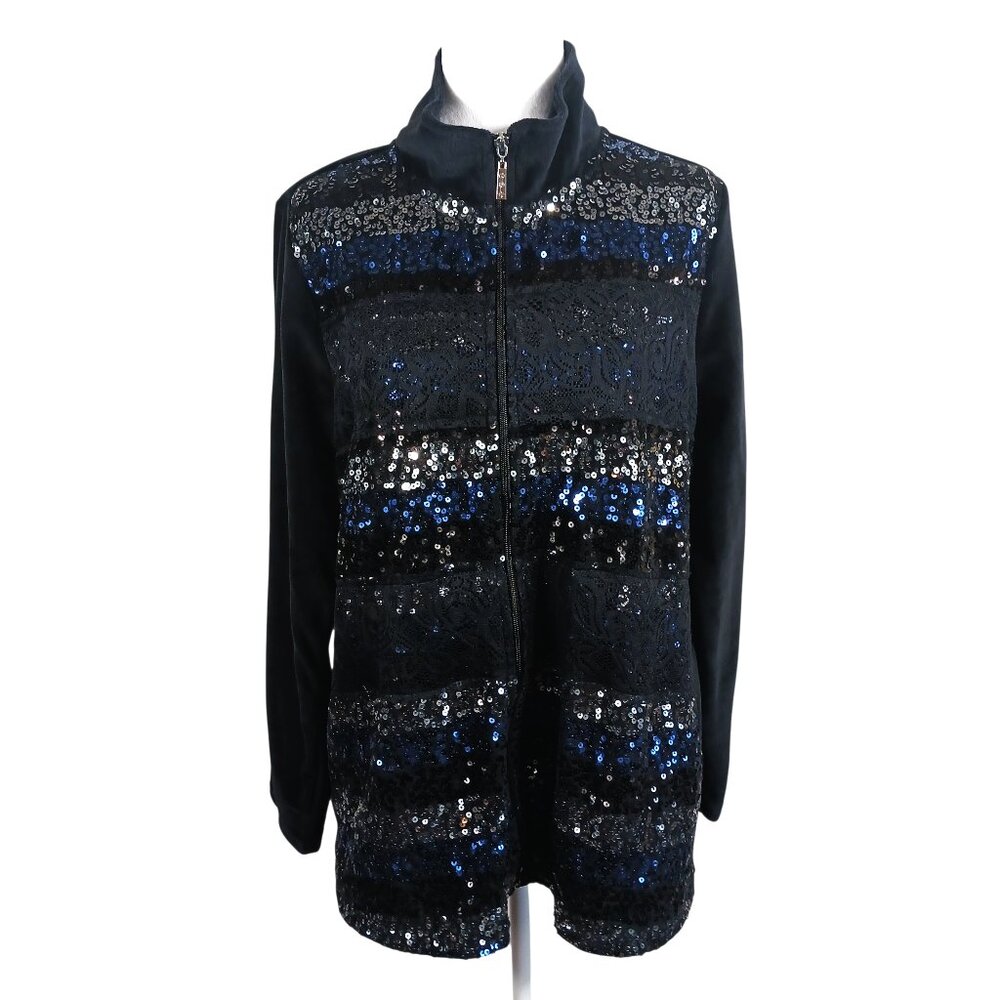 Quacker Factory, Black, Sequin, Lace, Zip Front, Velour Jacket Size Medium, Glam